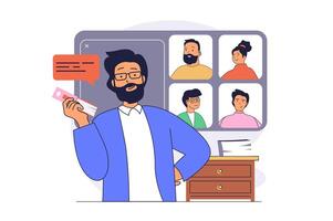 conference concept with cartoon people in flat design for web. Man doing virtual presentation for colleagues and connecting by call and talking at online webinar. illustration. vector