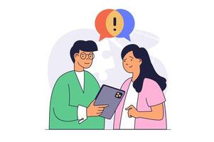 Teamwork concept with cartoon people in flat design for web. Man and woman working at project in partnership, analyzing challenge and brainstorming, discussing tasks and goals. illustration. vector
