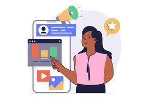 Digital marketing concept with cartoon people in flat design for web. Woman creating advertising content for clients attract, using megaphone for online business communication. illustration. vector