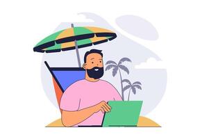 Freelance concept with cartoon people in flat design for web. Man laying at ocean beach under umbrella and doing work tasks remotely, working online at sea vacation from laptop. illustration. vector