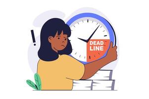 Deadline concept with cartoon people in flat design for web. Woman doing urgency paperwork while time burning, hurry to finish job while clock countdown, workflow with stress. illustration. vector
