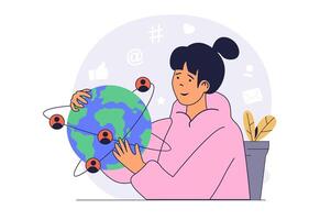 Social network concept with cartoon people in flat design for web. Woman connecting online with global friends, chatting in internet groups, sending messages, sharing content. illustration. vector