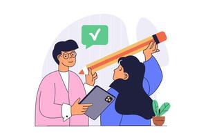 Teamwork concept with cartoon people in flat design for web. Man and woman brainstorming and finding new ideas for project, supporting colleagues, working with best motivation. illustration. vector