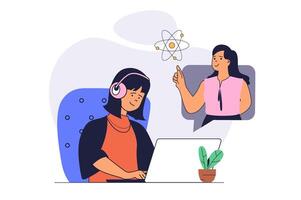 Education concept with cartoon people in flat design for web. Student listening online lecture, studying at science seminar at laptop, learning with virtual teacher by . illustration. vector