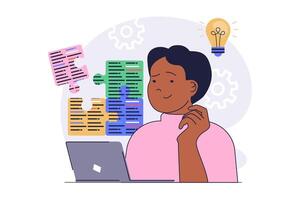 Programmer working concept with cartoon people in flat design for web. Man doing job tasks at laptop, programming and engineering programs, finding solutions for optimization. illustration. vector