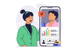 conference concept with cartoon people in flat design for web. Man and woman connecting by call in mobile phone app, talking with colleagues at virtual meeting. illustration. vector