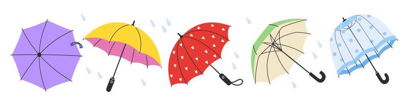 Cute spring umbrella set with raindrops. Including Transparent Umbrellas for Spring and Fall Rainy Weather vector