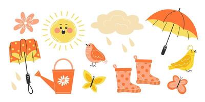 Collection of Bright Spring Elements in Flat Style. Rubber Boots, Umbrella, Watering Can, Flowers, Birds, Bouquet, Butterflies and Rain Cloud vector