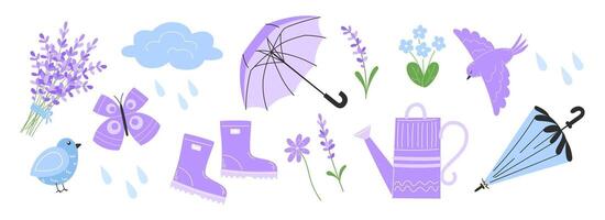 Spring Collection with Rubber Boots, Umbrella, Lavender Flowers and Butterflies in Flat Style. Cute garden accessories for spring and summer vector
