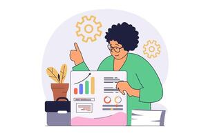 Business activities concept with cartoon people in flat design for web. Businesswoman developing company, analyzing financial data with growth trend and planning investment. illustration. vector