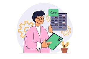 App development concept with cartoon people in flat design for web. Man developer programming software and mobile application, coding at screen, analyzing and testing program. illustration. vector