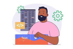 App development concept with cartoon people in flat design for web. Man programming and creating responsive layouts and webpage gui, working with code and content placement. illustration. vector