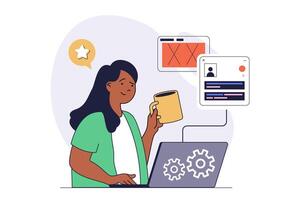 App development concept with cartoon people in flat design for web. Woman programming mobile application, working with code at laptop and creating responsive webpage layouts. illustration. vector