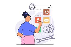 App development concept with cartoon people in flat design for web. Woman programming and creating responsive layout, working with applications button placement at interface. illustration. vector