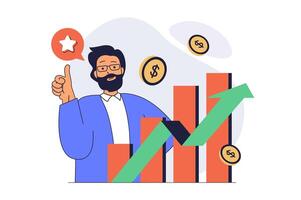 Business activities concept with cartoon people in flat design for web. Businessman making financial analysis, getting arrow progress at graph, investing money in success company. illustration. vector