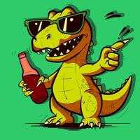Cool dinosaur in vacation wearing sunglasses and drinking soda. Relaxed reptile holding a bottle of juice. vector