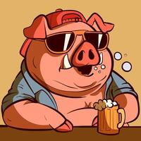 Fat and quirky pig drinking beer and burping. Overweight hog with hat and cool sunglasses sitting at a table with a cold beverage. vector