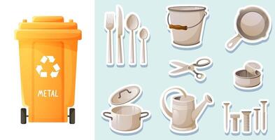 Set of metal waste, scrap metal, metal waste, metal utensils, yellow container for iron waste, concept of sorting, separating and recycling garbage. Sorting game, stickers for teaching children. vector