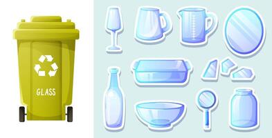 Glass waste, glassware, green waste container, waste separation and recycling concept. Sorting game, stickers for teaching children about environmental protection, eco-friendly lifestyle. vector