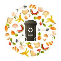 Set of organic garbage and waste bin for waste sorting. Round template with food waste, black bin for them in the middle. Zero waste theme and modern environmental problem. vector