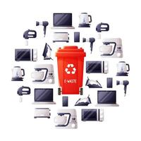 Electronic waste and recycling bin set. Round template with electronic equipment for disposal, red bin for them in the middle. Zero waste theme and modern environmental problem. vector