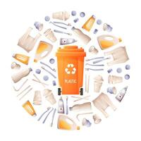 Set of plastic garbage, orange container for plastic packaging, concept of sorting, separating and recycling garbage. Eco-friendly habit, earth day, zero waste. vector