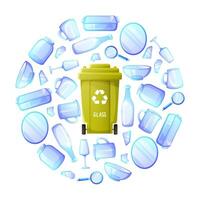 Glass waste in round template, glassware, green container, waste sorting, separation and recycling concept. Environmental protection, sustainable development, eco-friendly lifestyle. vector