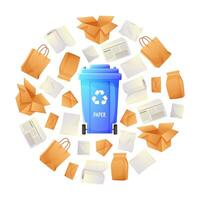 Round template, paper waste sorting, blue waste paper container, waste separation and recycling. Stickers, sorting game for children, teaching eco-friendly habits. vector