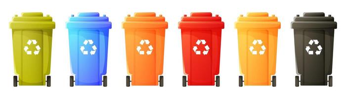 Set of trash bins of different colors for sorting different types of garbage. Multicolored trash bins with recycling icon. Containers for waste sorting. illustration. vector