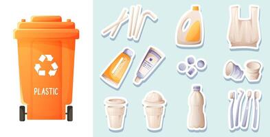 Set of plastic garbage, orange container for plastic packaging, concept of sorting, separation and recycling of garbage. Stickers, sorting game for children, teaching eco-friendly habits. vector