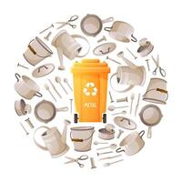 Metal waste in round template, scrap metal, metal utensils, yellow container, waste sorting, separation and recycling concept. Environmental protection, sustainable development, eco-friendly lifestyle vector