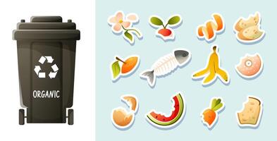 Set of organic garbage and trash can for waste sorting. Food waste stickers, waste sorting game for kids. Zero waste theme and modern environmental problem. vector