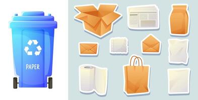 Paper waste sorting, blue waste paper container, waste separation and recycling. Stickers, sorting game for children, teaching eco-friendly habits. vector
