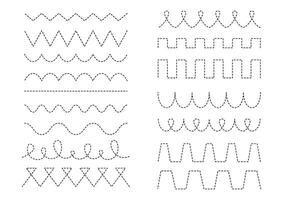 Set of lines of different shapes for tracing, writing practice, learning to write, handwriting. Dotted black lines on a white background, wavy, zigzag. Preschool children training, printable tasks. vector