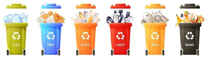 Garbage inside trash bins. Waste management concept, segregation, separation, trash bins, sorting, recycling, garbage can. Paper, plastic, scrap metal, glass, organic waste, ewaste. vector