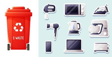 Electronic waste and recycling bin set for waste sorting. Electronic waste stickers, sorting game for kids. Zero waste theme and waste recycling, reuse, save the environment. vector