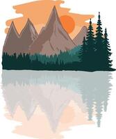 Mountain Sunset with Lake Reflection and Pine Trees vector