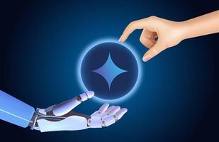 Artificial intelligence and people, interaction of the future, technical progress, robotic hand. New network vector