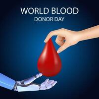 Robot hand holding a drop of blood with a human. AI vector