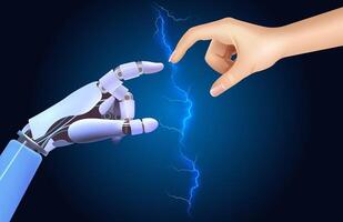 A futuristic image of a robot hand reaching out to a human hand symbolizes future technologies vector