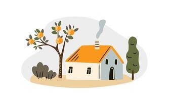 rural scene of house with tree, illustration in flat style vector