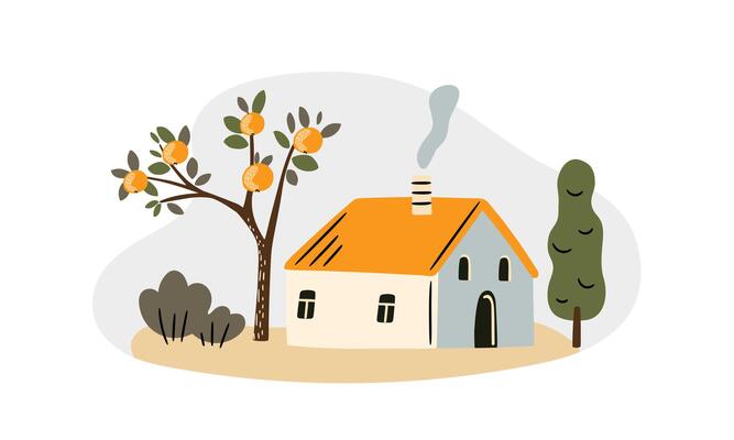 rural scene of house with tree, illustration in flat style