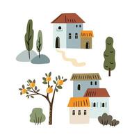 Set of cute houses and trees. illustration in flat style. vector