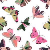 Seamless pattern with pink butterflies on a white background, illustration in a flat style. vector