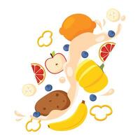 Banana and apple splash with blueberries and citrus vector