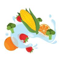 Corn and broccoli splash with strawberry and orange vector