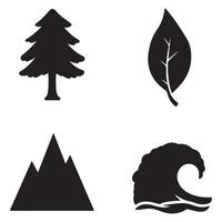 Black silhouettes of trees, leaves, mountains, and ocean waves are examples of natural elements. vector