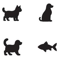 Silhouettes of a cat, two dogs, and a fish against a white background. vector