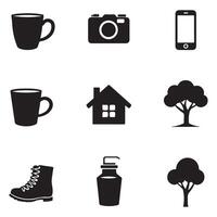 Collection of Black Icons Cup Camera Phone House Tree Boot Jar and Objects vector