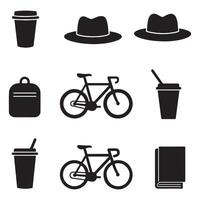 Collection of silhouettes including coffee cups, hats, bicycles, backpacks, and a book. vector